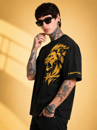 Leotude Men's "Lion" Printed Oversized T-Shirt — Black Streetwear Tee