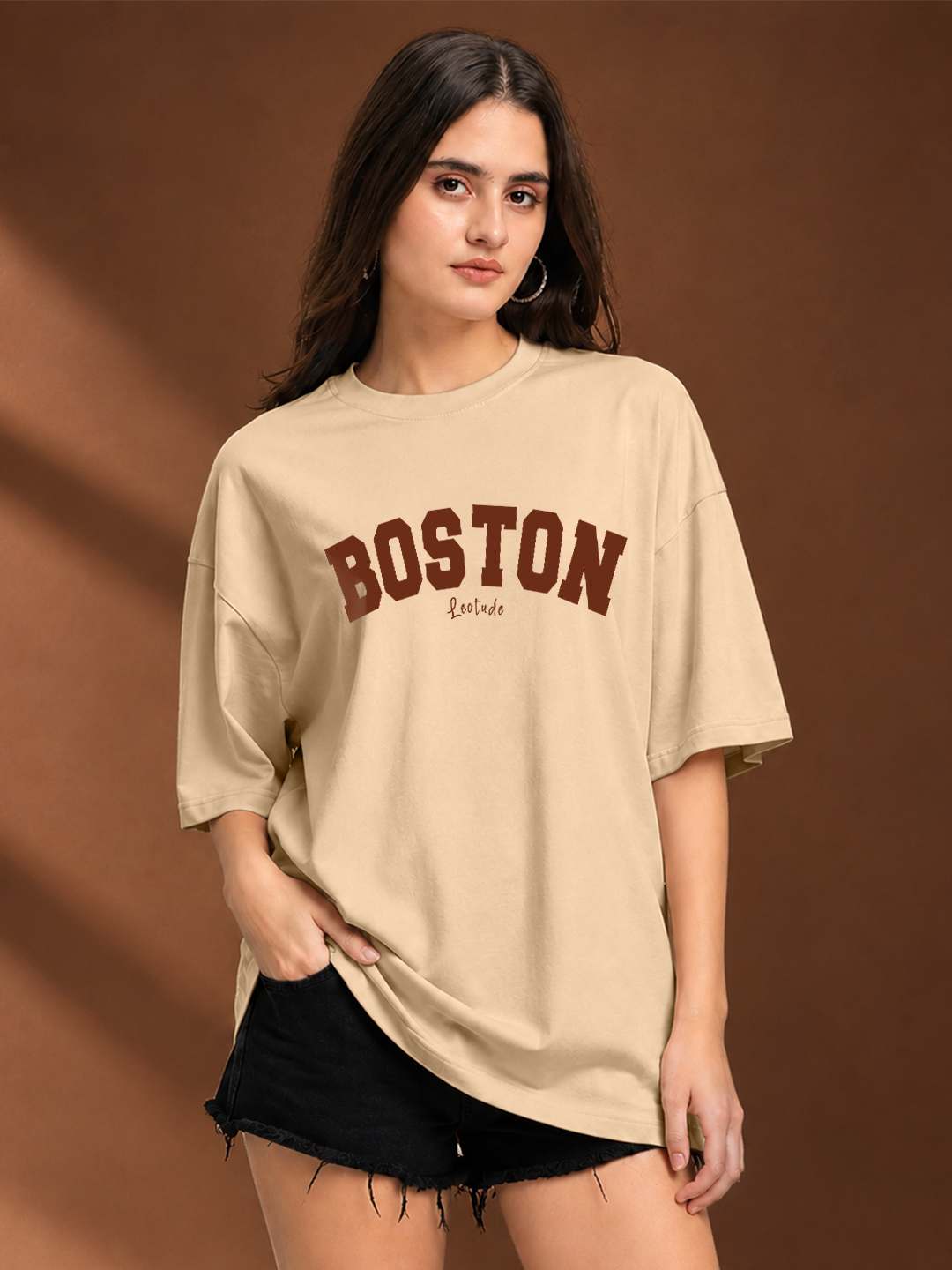 Leotude Beige Boston Printed Oversized Tshirt for Women