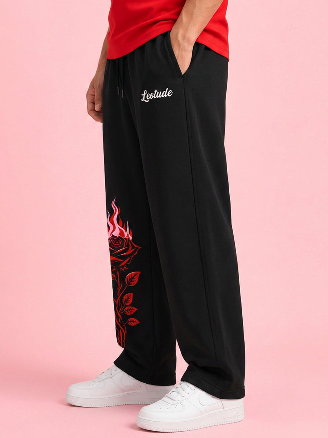 Leotude Men's Black Flame Rose Premium Trackpants