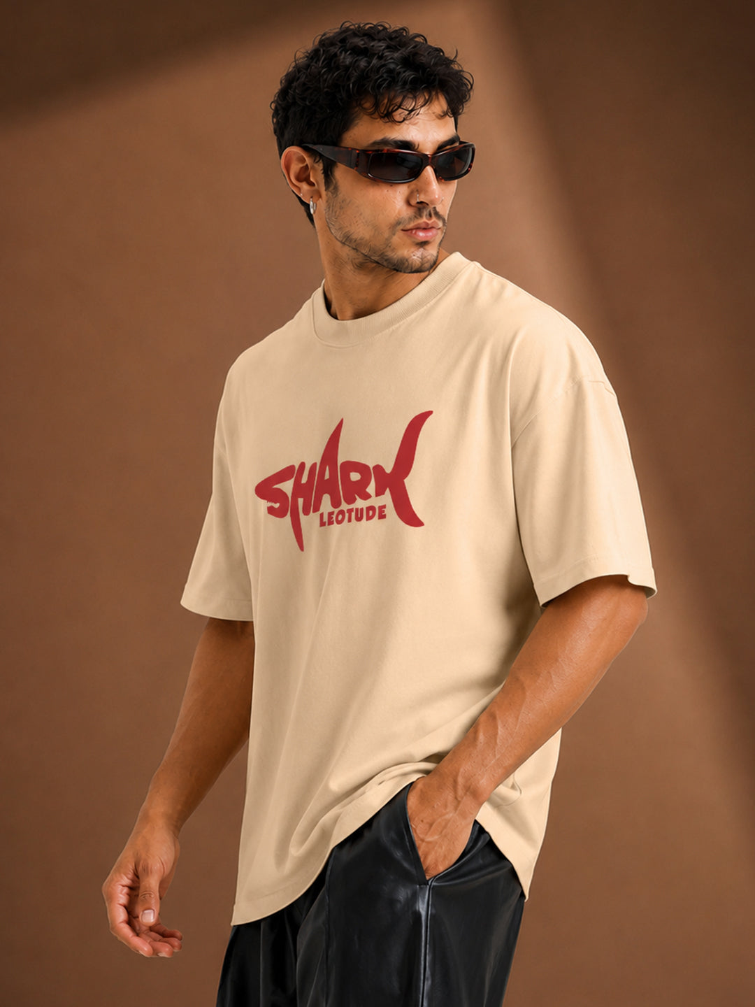 Leotude Men's "Shark" Printed Oversized T-Shirt — Beige Streetwear Tee