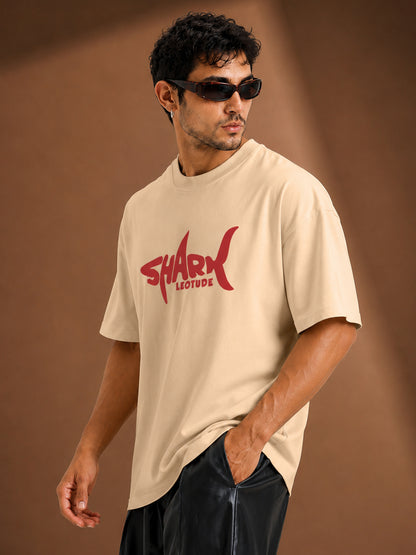 Leotude Men's "Shark" Printed Oversized T-Shirt — Beige Streetwear Tee