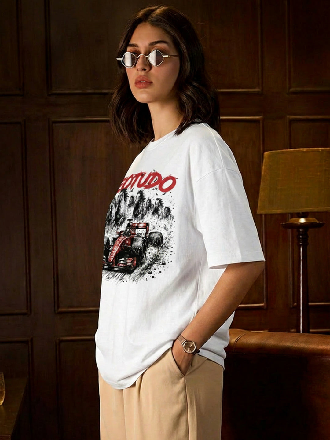 Leotude Women "Racing Stallions" White Oversized T-Shirt