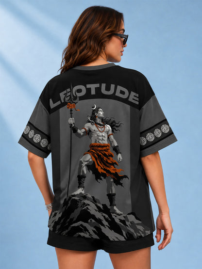 Leotude Women's Black Grey Mahadev Printed T-Shirt