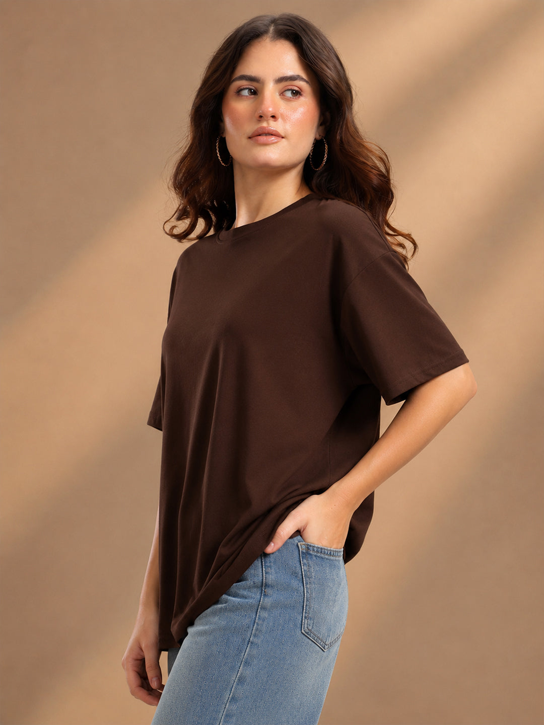 Leotude Oversized Plain T-Shirt — Women's Solid Cotton Drop-Shoulder Tee - Brown