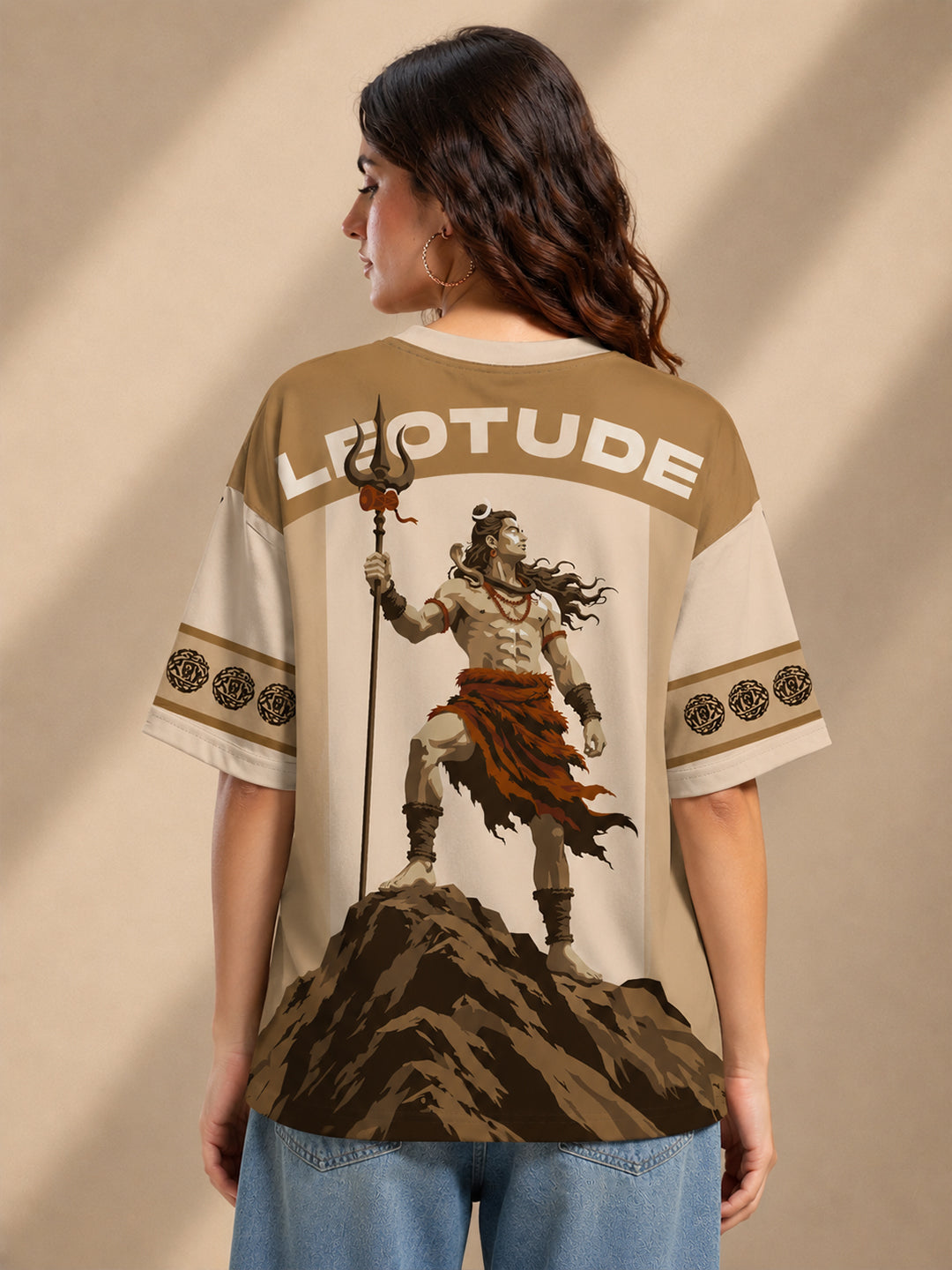 Leotude Women's Beige Mahadev Printed T-Shirt