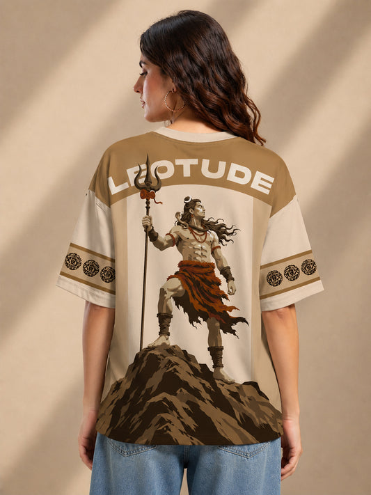 Leotude Women's Beige Mahadev Printed T-Shirt