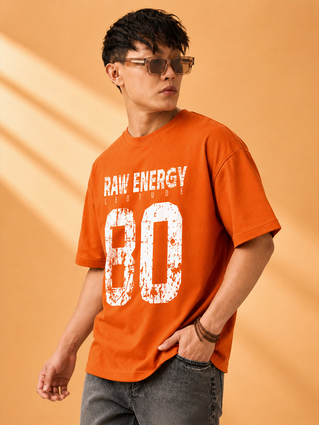 Leotude Men "Raw Energy 80" Orange Oversized T-Shirt