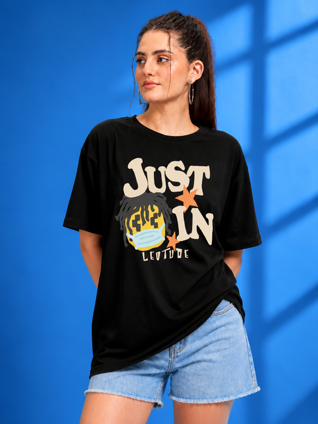 Leotude Black Just In Printed Oversized Tshirt for Women
