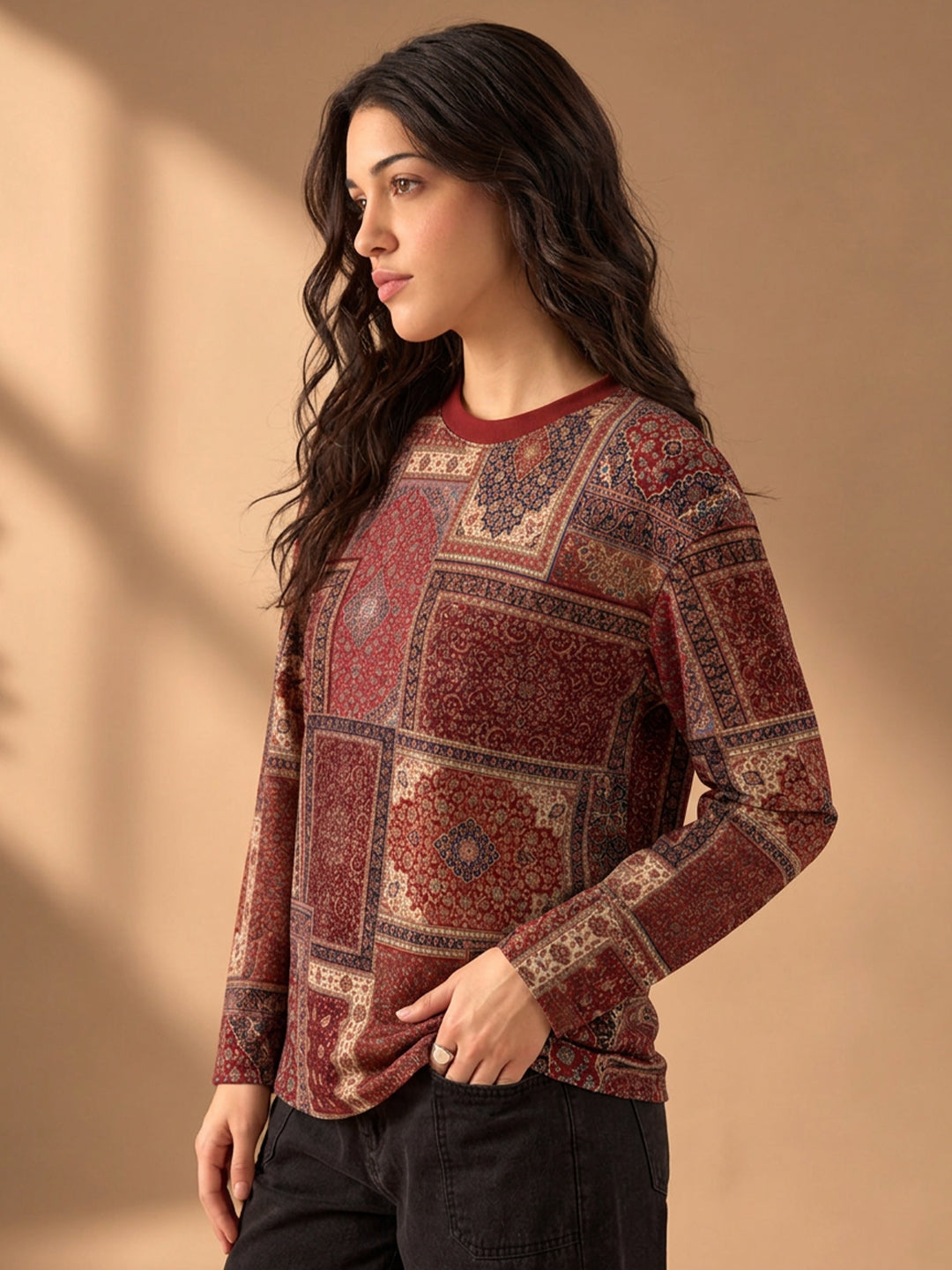 Leotude Women's Maroon Persian Patchwork Print Oversized Full Sleeve T-Shirt