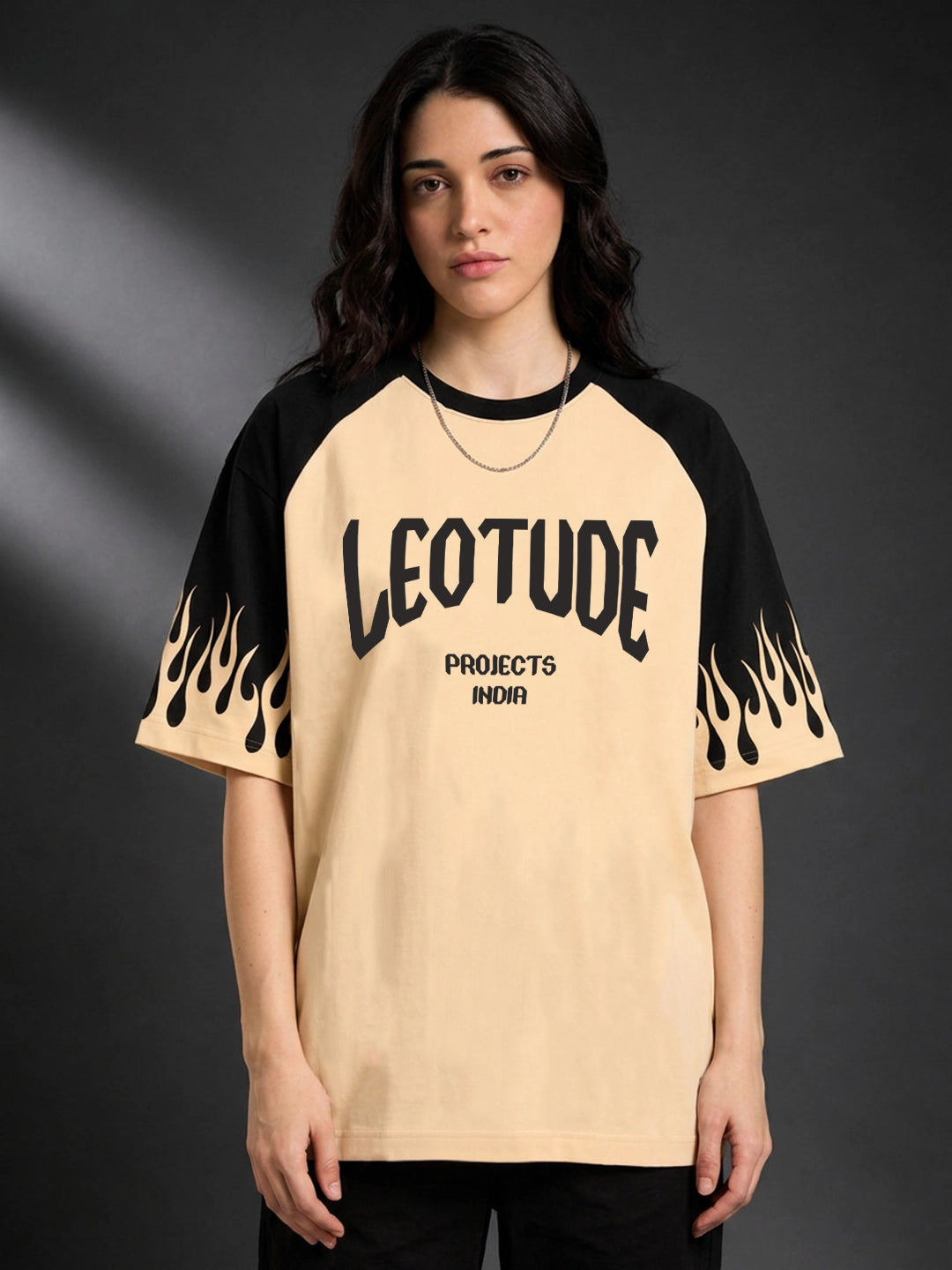 Leotude Women's Flame Print Raglan T-Shirt — Beige Oversized Tee