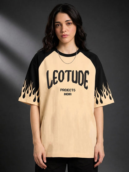 Leotude Women's Flame Print Raglan T-Shirt — Beige Oversized Tee