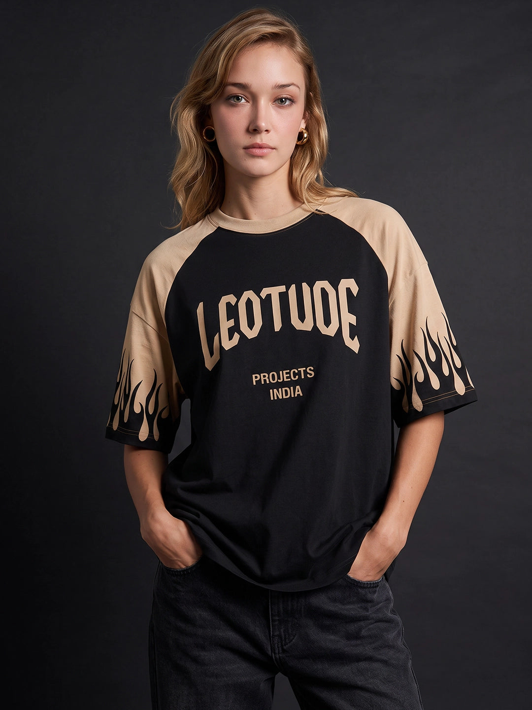 Leotude Women's Black Flame Raglan Oversized T-Shirt