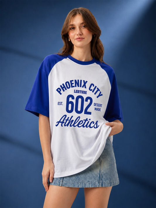 Leotude Women's "Phoenix City" Printed Raglan T-Shirt — White & Blue Oversized Tee
