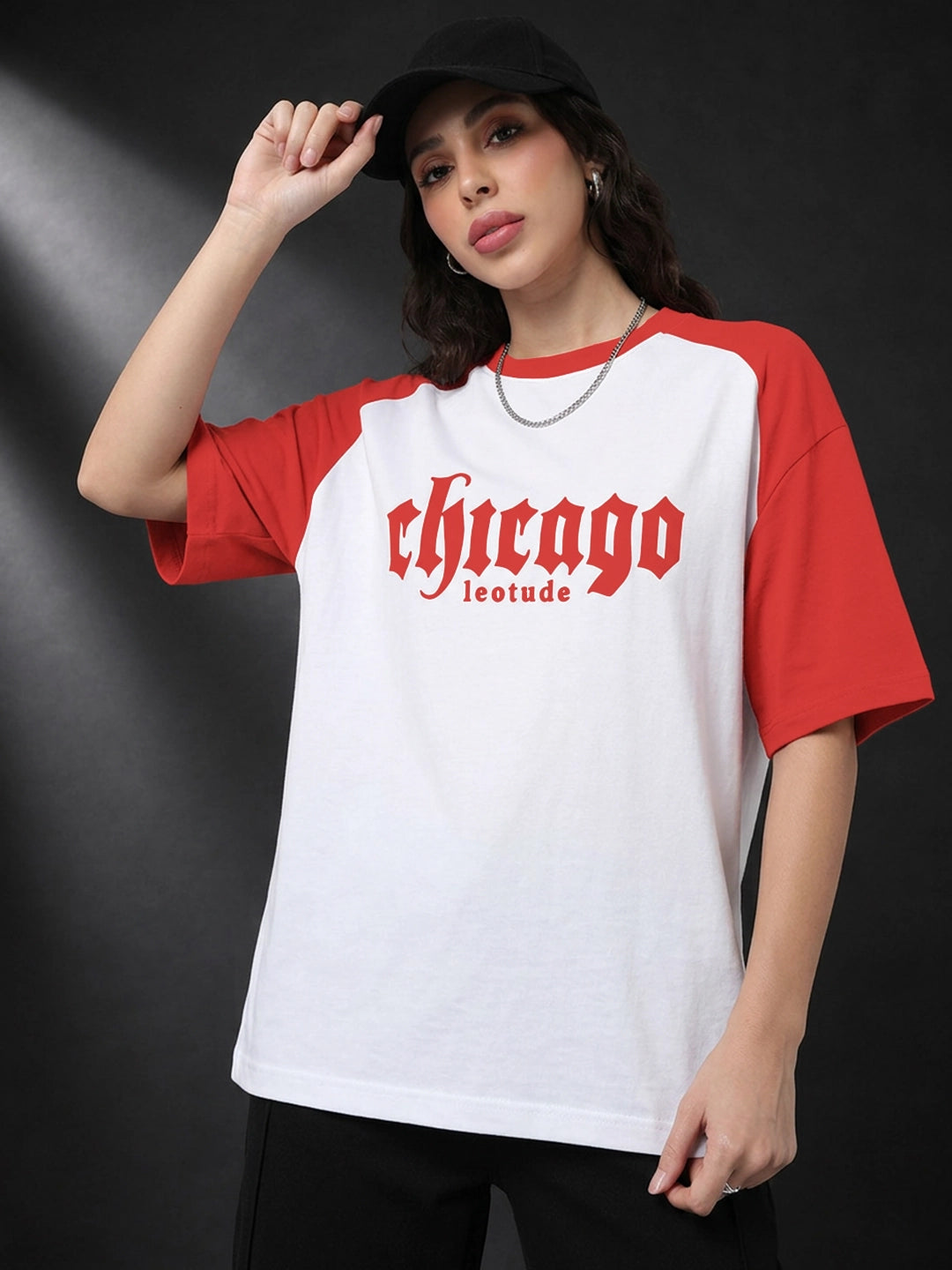 Leotude Women's White Chicago Raglan Oversized T-Shirt