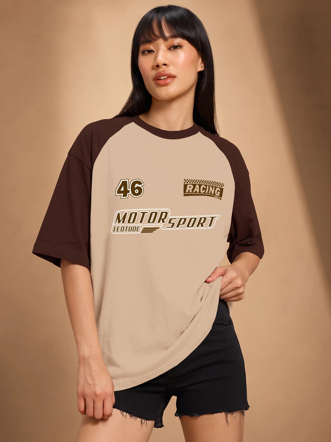 Leotude Women's Beige Motorsport Raglan Oversized T-Shirt