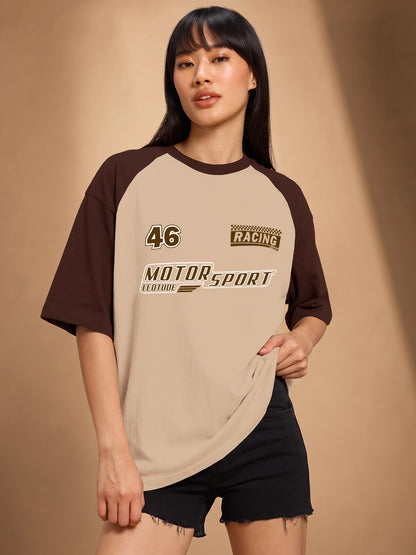 Leotude Women's Beige Motorsport Raglan Oversized T-Shirt