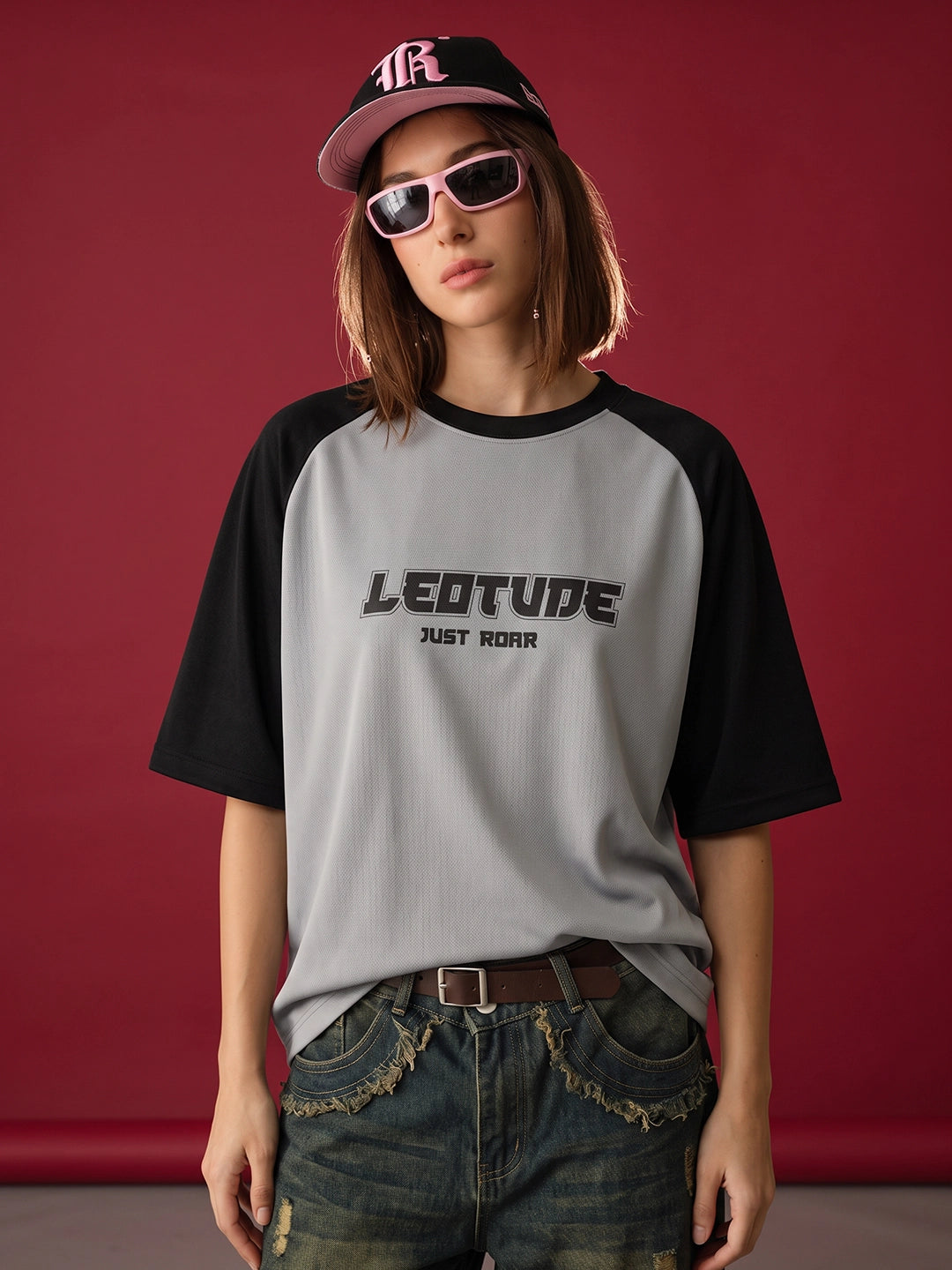 Leotude Women's Grey Just Roar Raglan Oversized T-Shirt
