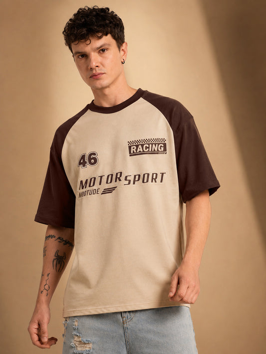 Leotude Men's Beige Motorsport Raglan Oversized T-Shirt