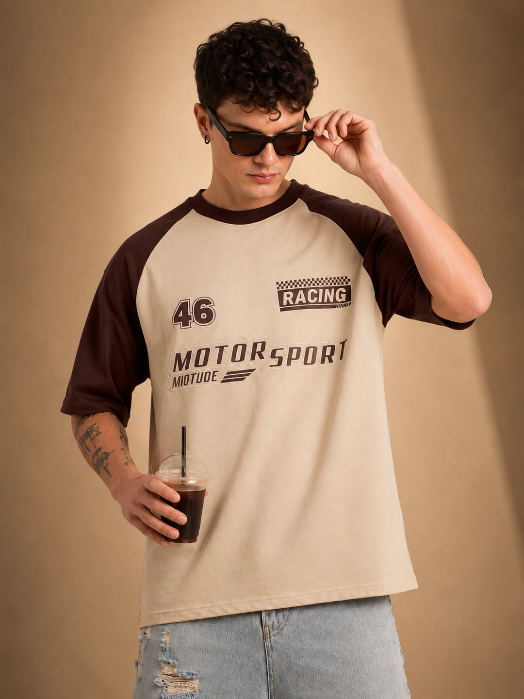Leotude Men's Beige Motorsport Raglan Oversized T-Shirt