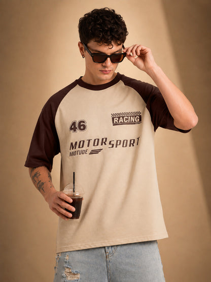 Leotude Men's Beige Motorsport Raglan Oversized T-Shirt