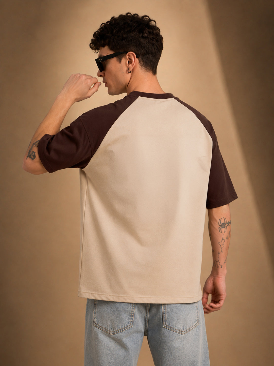 Leotude Men's Beige Motorsport Raglan Oversized T-Shirt