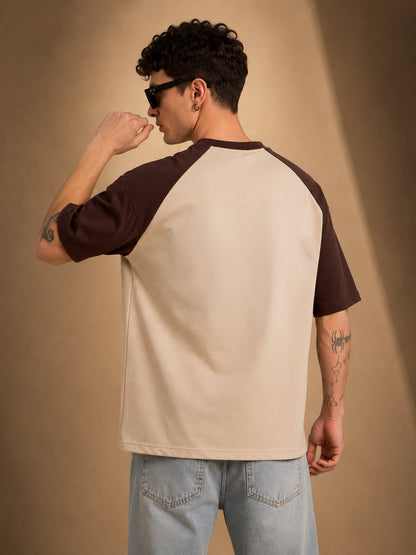 Leotude Men's Beige Motorsport Raglan Oversized T-Shirt