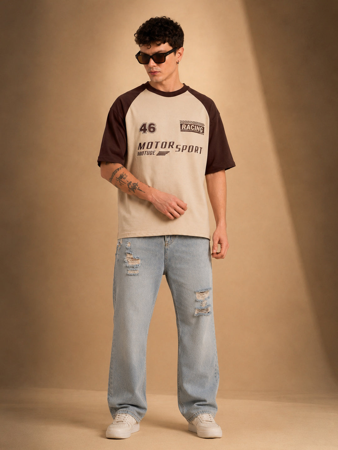 Leotude Men's Beige Motorsport Raglan Oversized T-Shirt