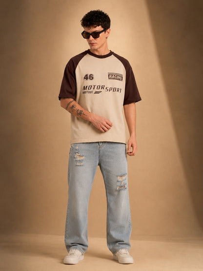Leotude Men's Beige Motorsport Raglan Oversized T-Shirt