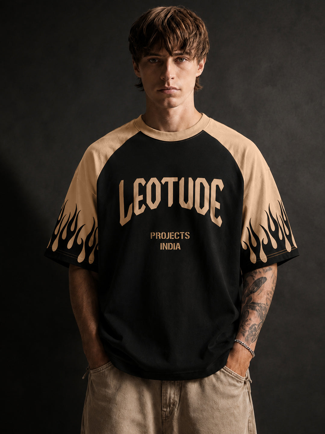 Leotude Men's Black Flame Raglan Oversized T-Shirt