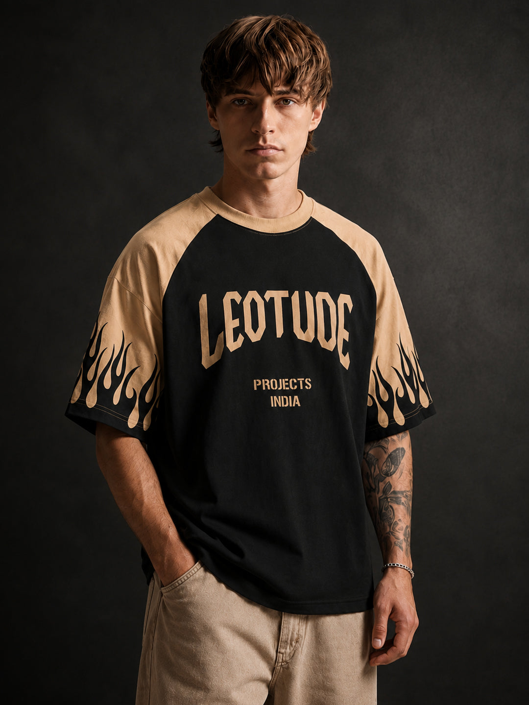 Leotude Men's Black Flame Raglan Oversized T-Shirt