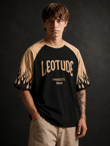 Leotude Men's Black Flame Raglan Oversized T-Shirt