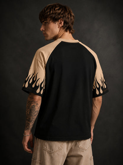 Leotude Men's Black Flame Raglan Oversized T-Shirt