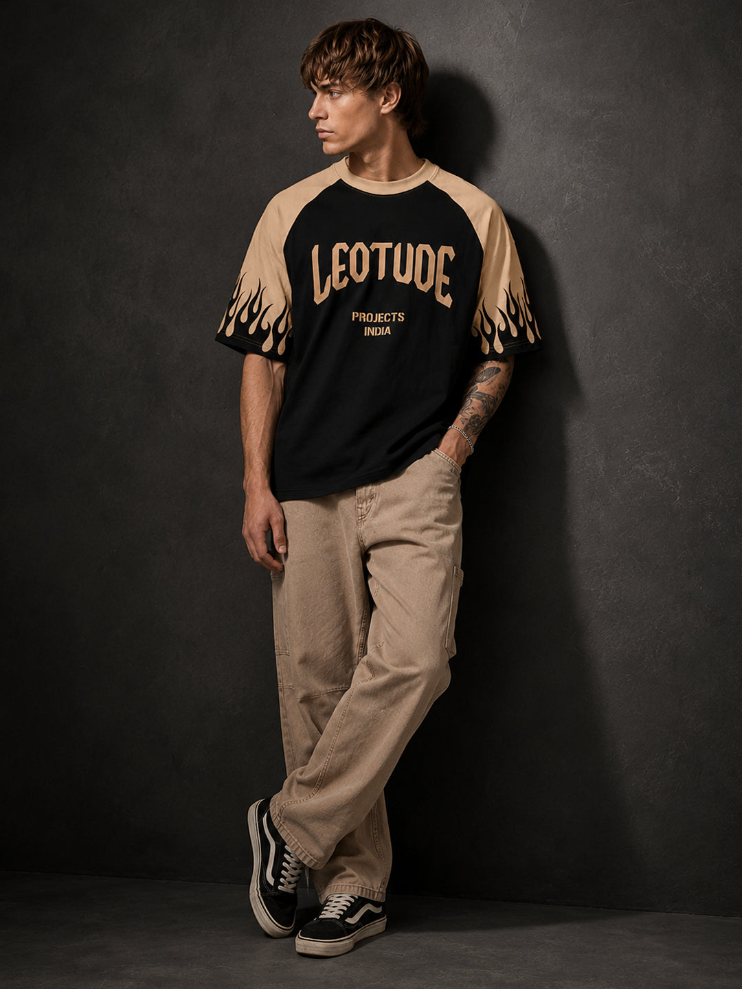 Leotude Men's Black Flame Raglan Oversized T-Shirt