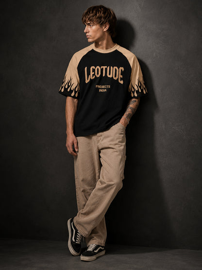 Leotude Men's Black Flame Raglan Oversized T-Shirt