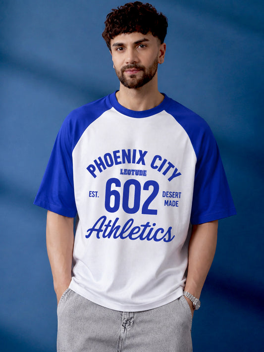 Leotude Men's "Phoenix City" Printed Raglan T-Shirt — White & Blue Oversized Tee