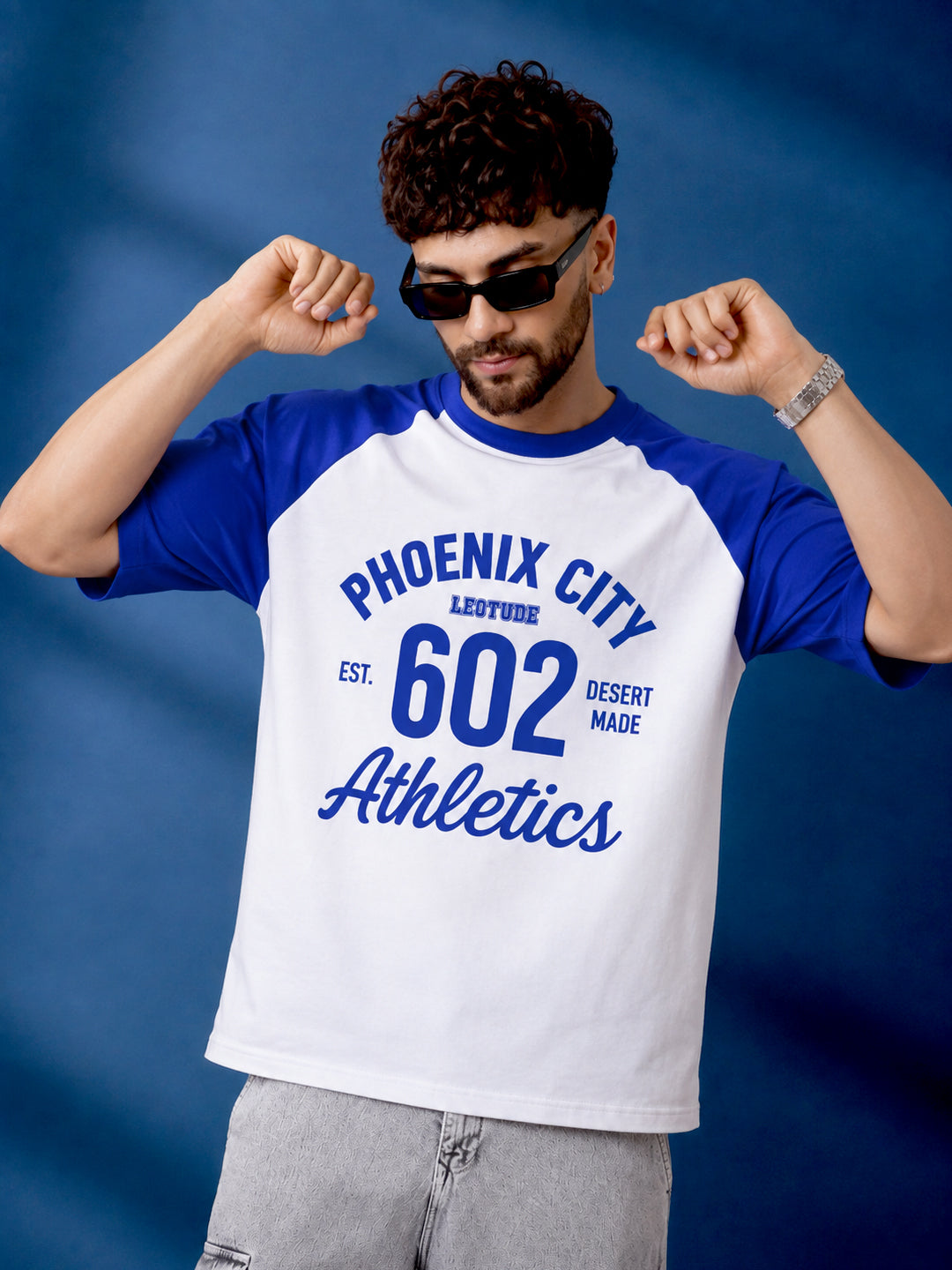 Leotude Men's "Phoenix City" Printed Raglan T-Shirt — White & Blue Oversized Tee