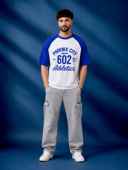 Leotude Men's "Phoenix City" Printed Raglan T-Shirt — White & Blue Oversized Tee