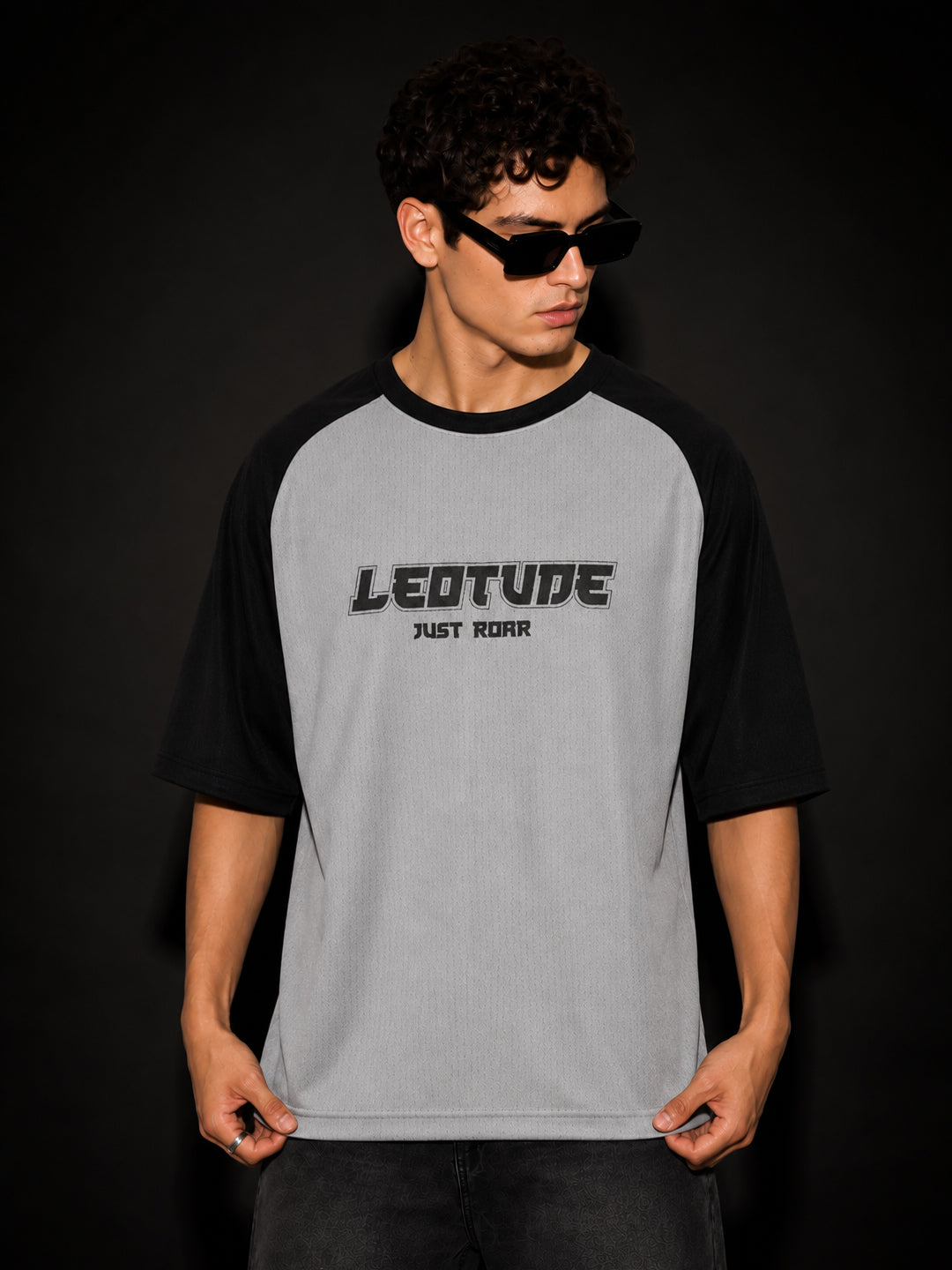 Leotude Men's Grey Just Roar Raglan Oversized T-Shirt