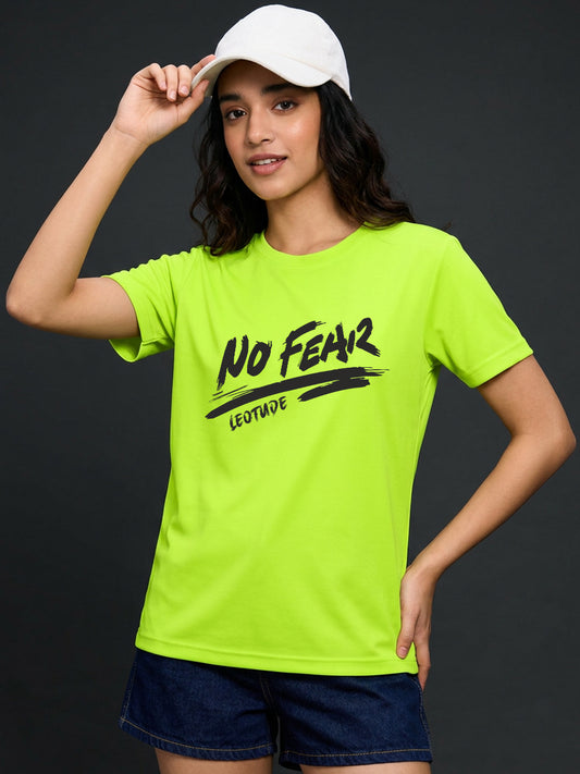 Leotude Women's Neon Green No Fear Printed T-Shirt