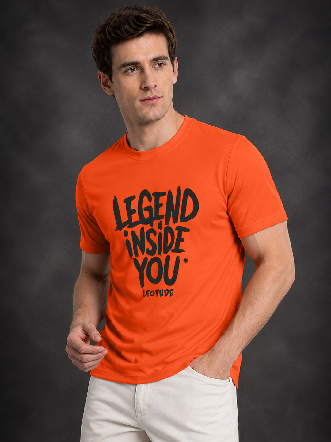 Leotude Orange Legend Inside You Printed Regular Fit Tshirt for Men