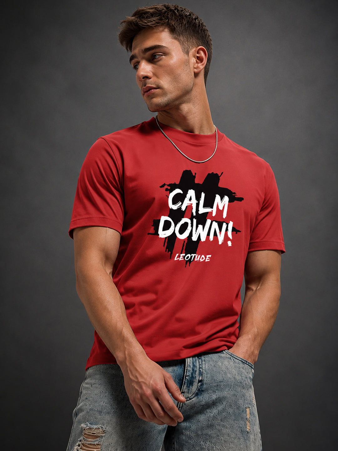 Leotude Red Calm Down Printed Regular Fit Tshirt for Men