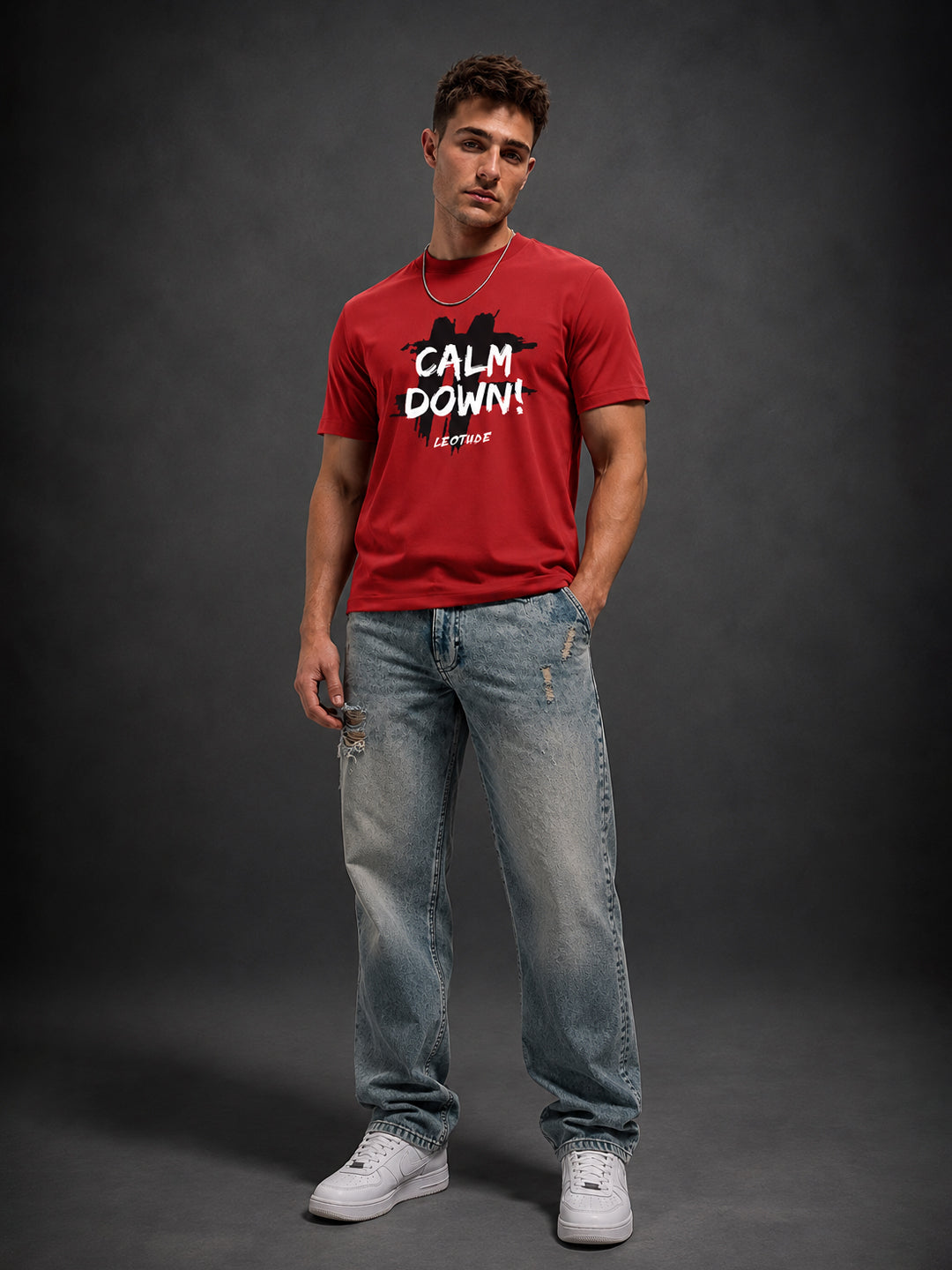 Leotude Red Calm Down Printed Regular Fit Tshirt for Men