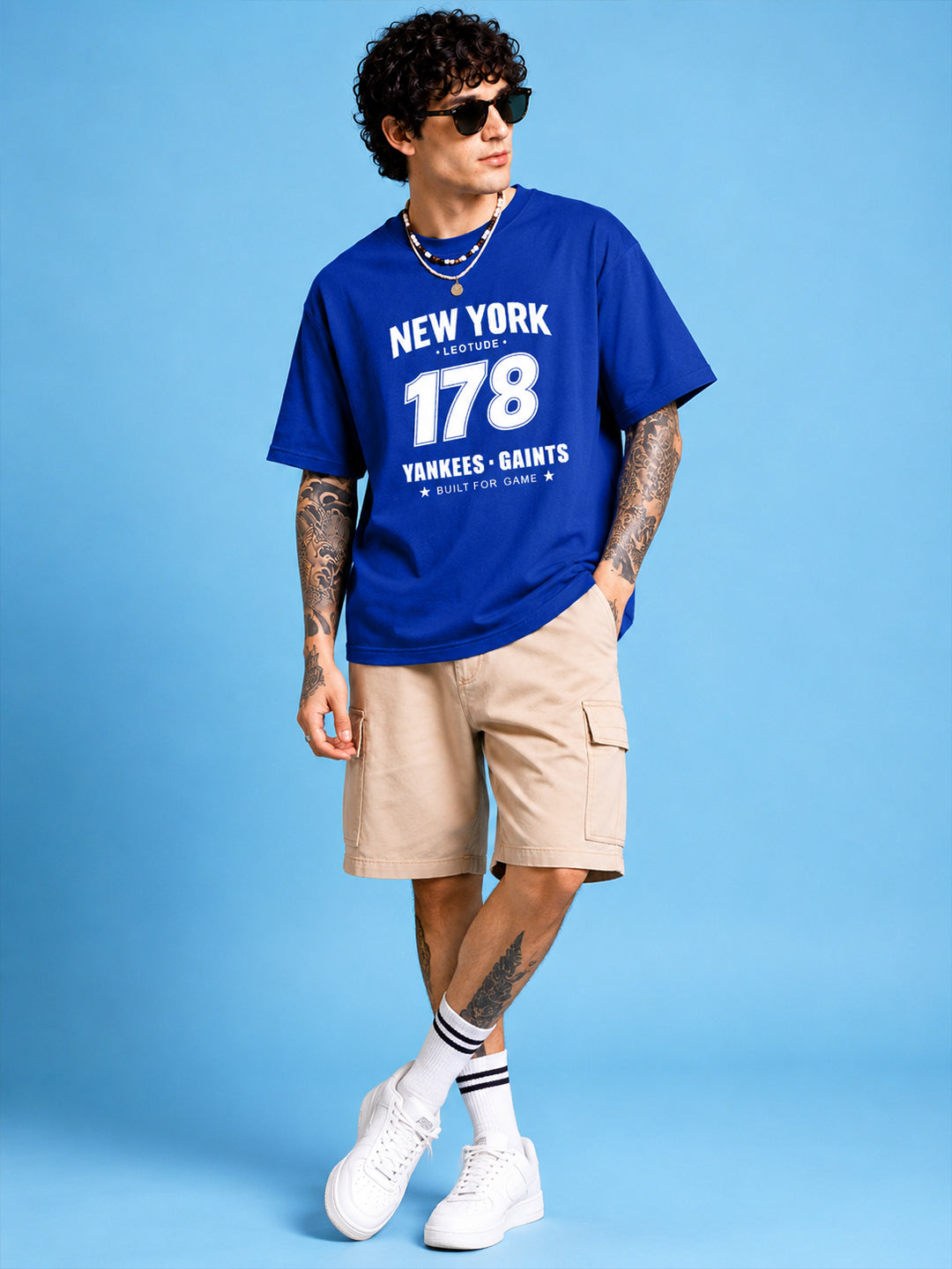 Leotude Men "New York 178" Printed Oversized T-Shirt — Royal Blue Varsity Tee