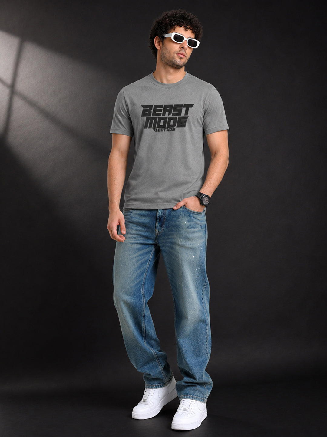 Leotude Grey Beast Mode Printed Regular Fit Tshirt for Men
