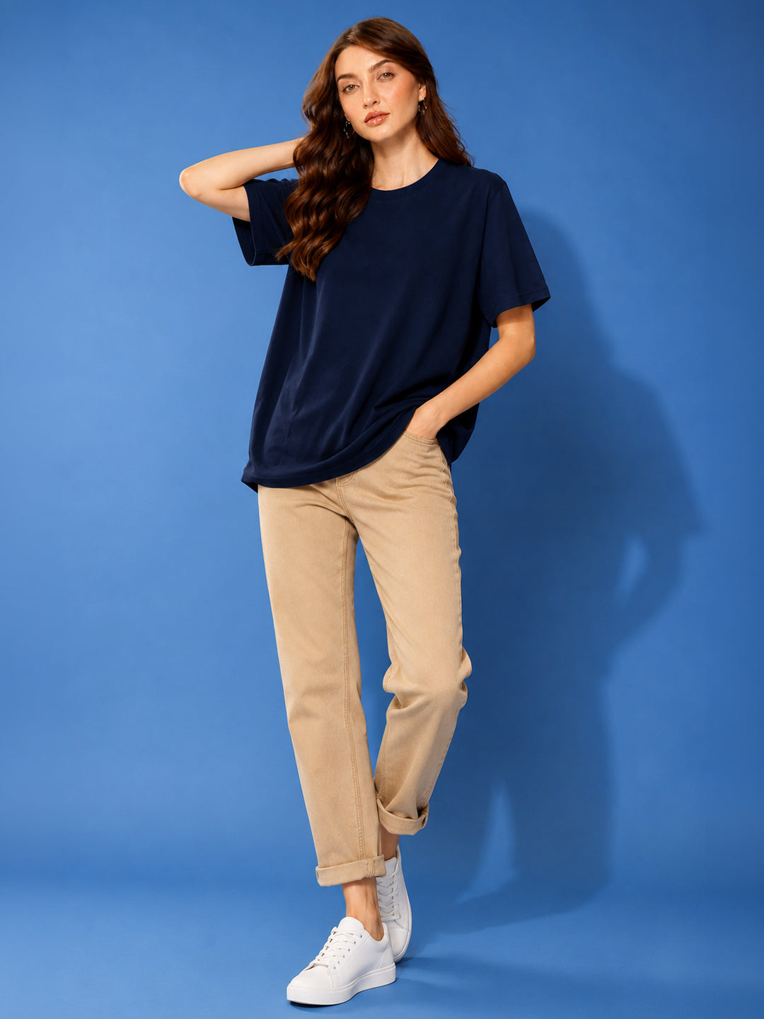 Leotude Oversized Plain T-Shirt — Women's Solid Cotton Drop-Shoulder Tee - Navy