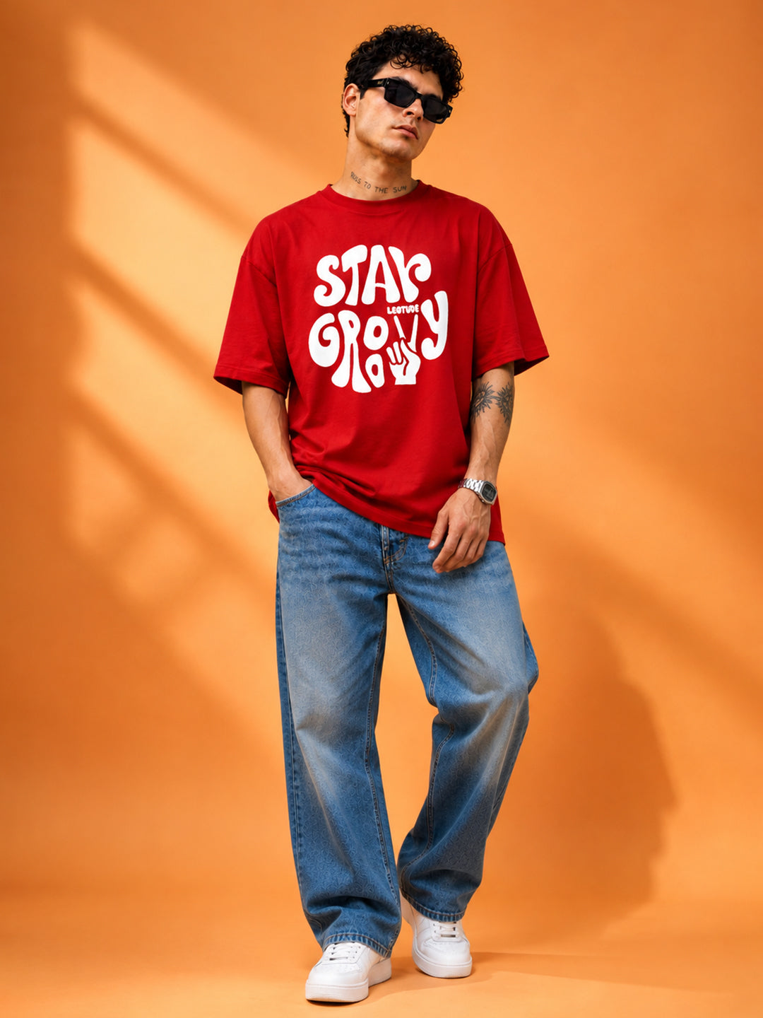 Leotude Men "Stay Groovy" Red Oversized T-Shirt