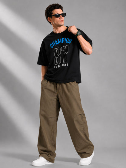 Leotude Men's "Champion 87" Printed Oversized T-Shirt — Black Streetwear Tee