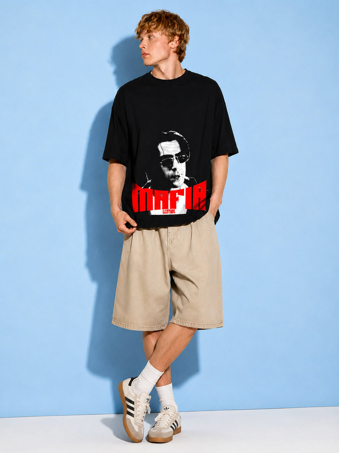 Leotude Men's Mafia Portrait Printed Black Oversized T-Shirt