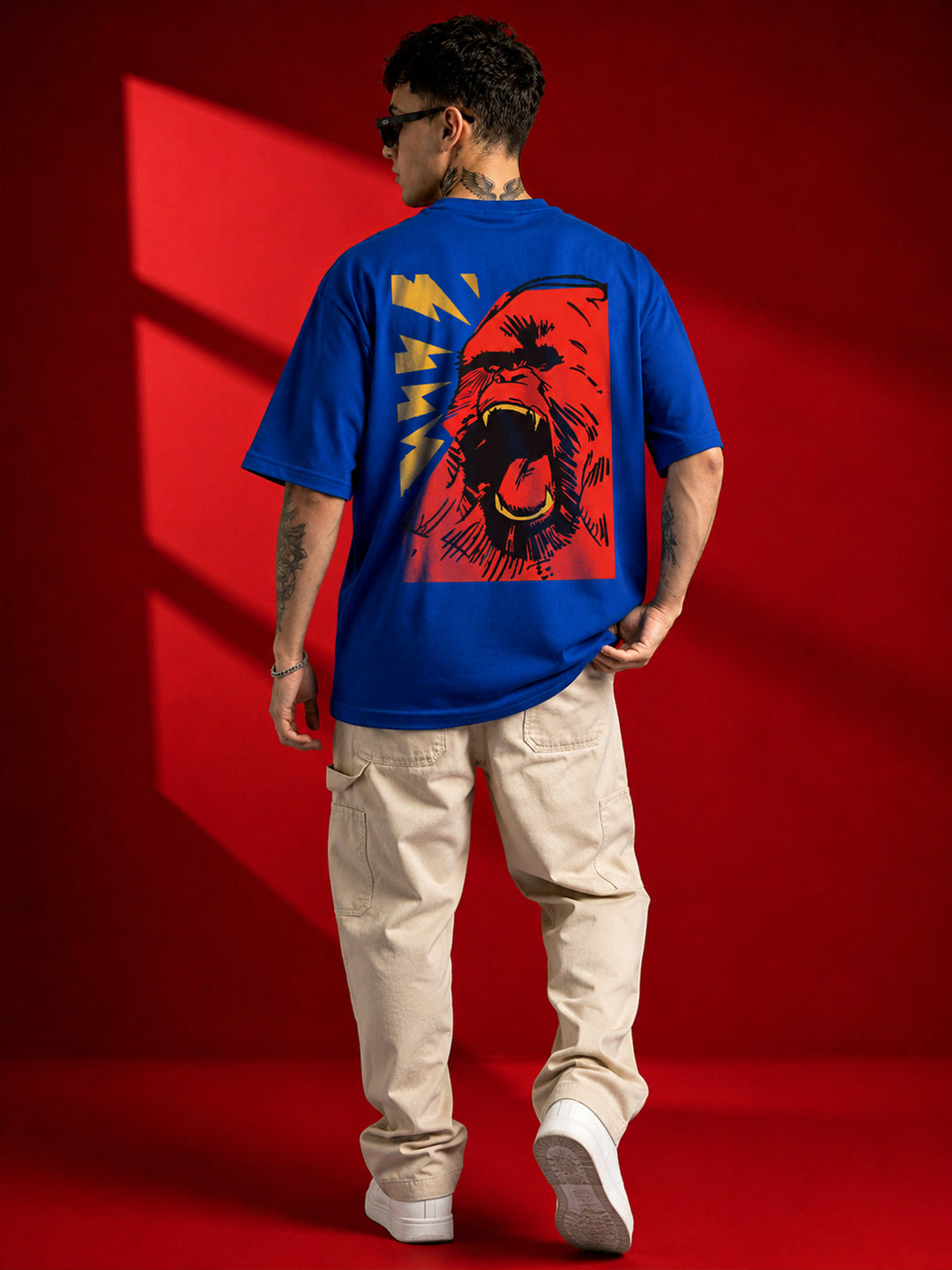 Leotude Men "Wild Roar" Printed Oversized T-Shirt — Royal Blue Streetwear Tee