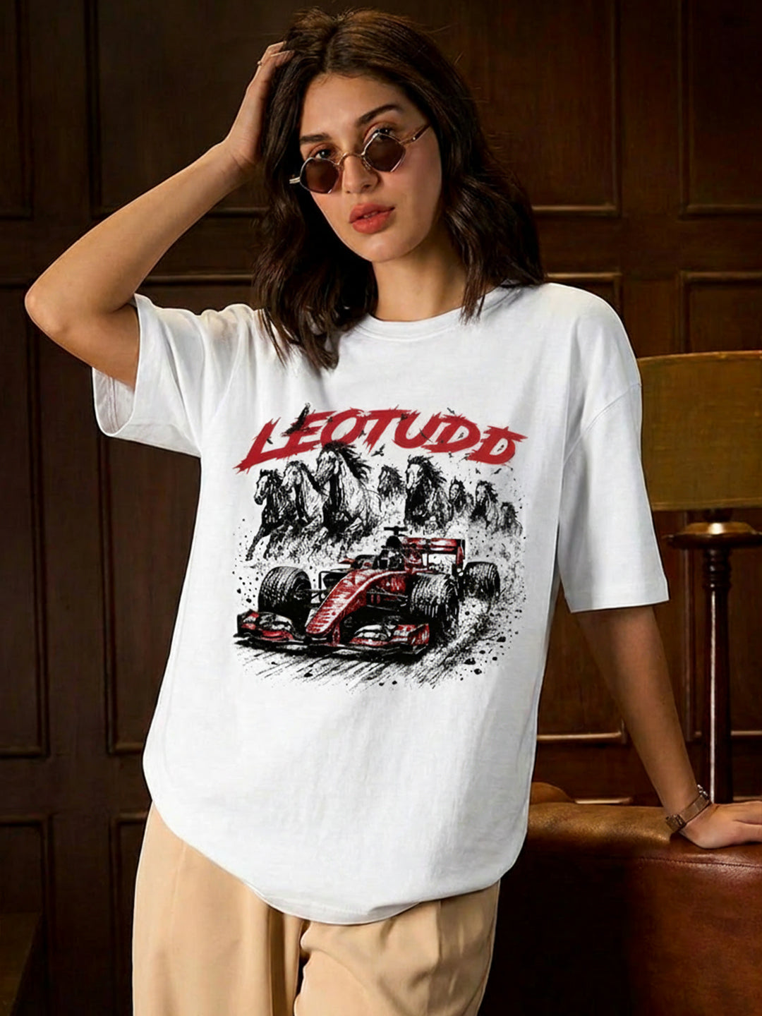 Leotude Women "Racing Stallions" White Oversized T-Shirt